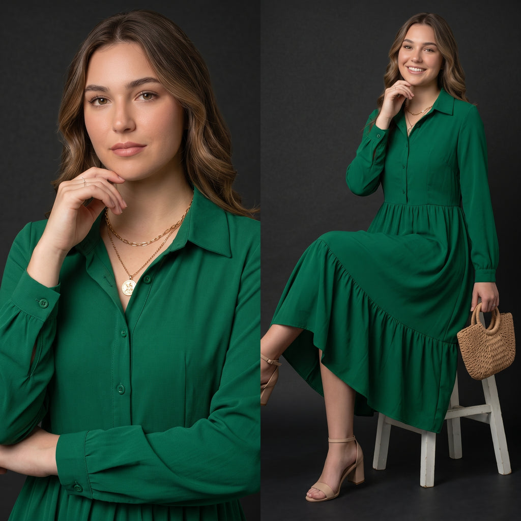A woman modeling a long-sleeve green midi dress in two studio poses against a dark gray background. The left panel shows a close-up of her wearing the dress, and the right panel shows her seated on a white stool wearing the full dress and holding a woven handbag.