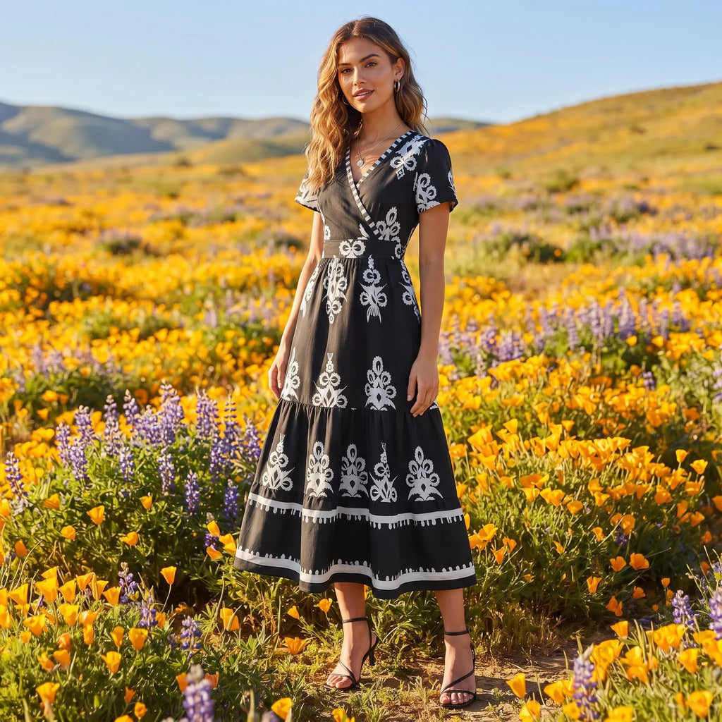 Black White Floral Maxi Dress, Boho V Neck Wrap Tiered Dress