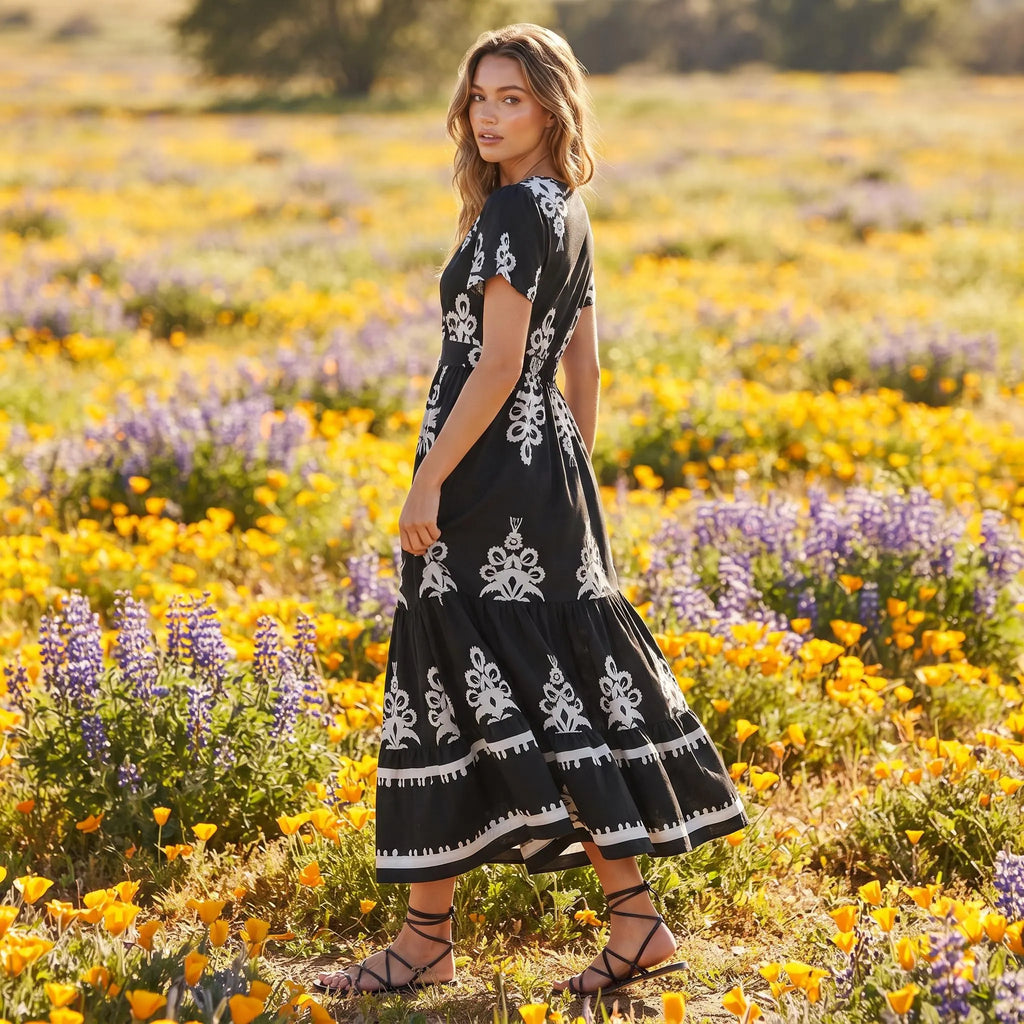 Black White Floral Maxi Dress, Boho V Neck Wrap Tiered Dress