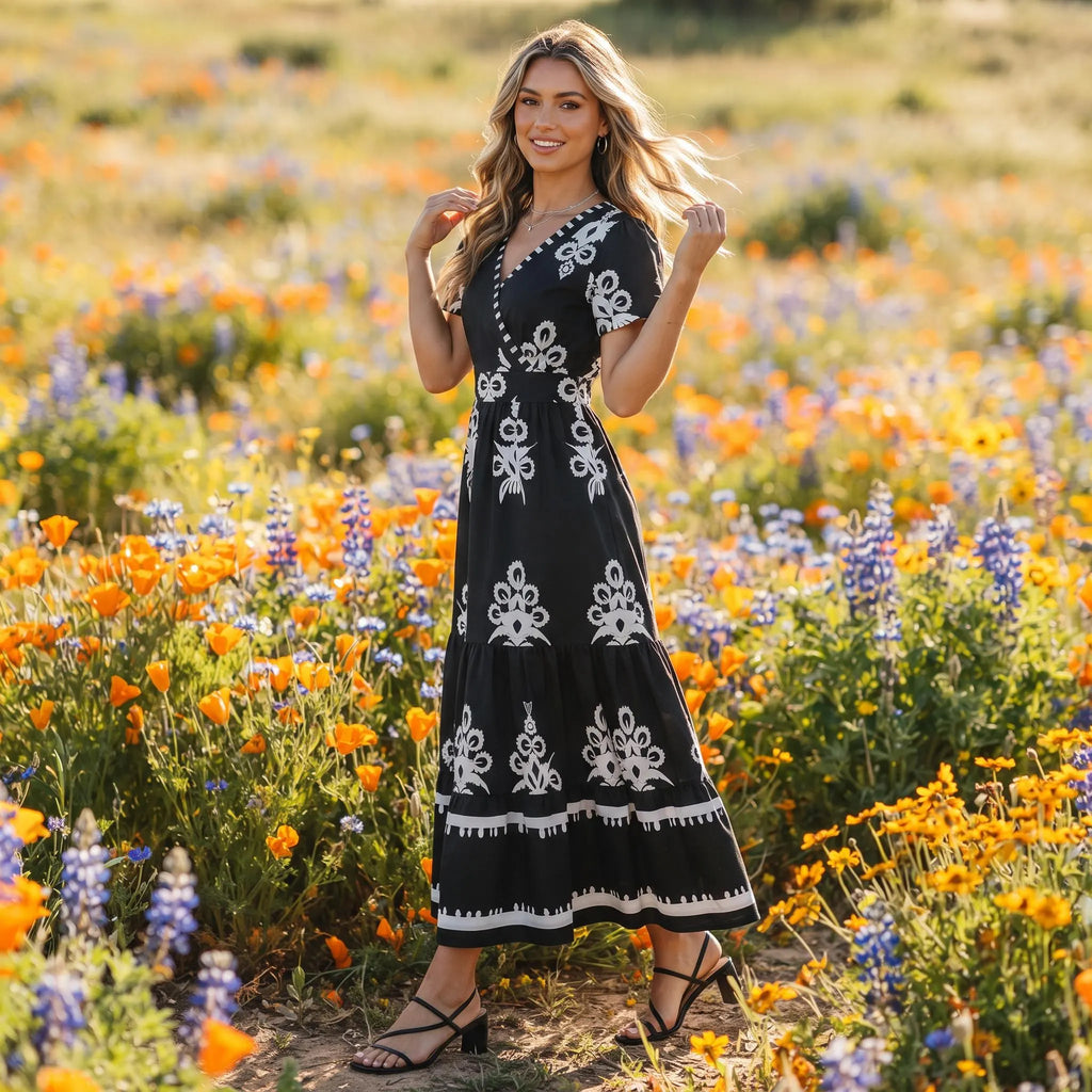 Black White Floral Maxi Dress, Boho V Neck Wrap Tiered Dress