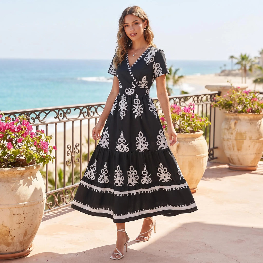 Black White Floral Maxi Dress, Boho V Neck Wrap Tiered Dress