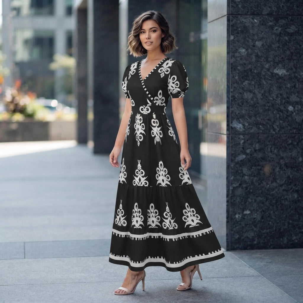 Black White Floral Maxi Dress, Boho V Neck Wrap Tiered Dress