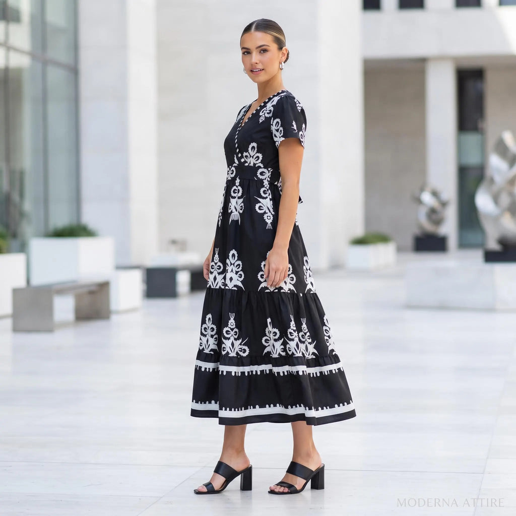 Black White Floral Maxi Dress, Boho V Neck Wrap Tiered Dress