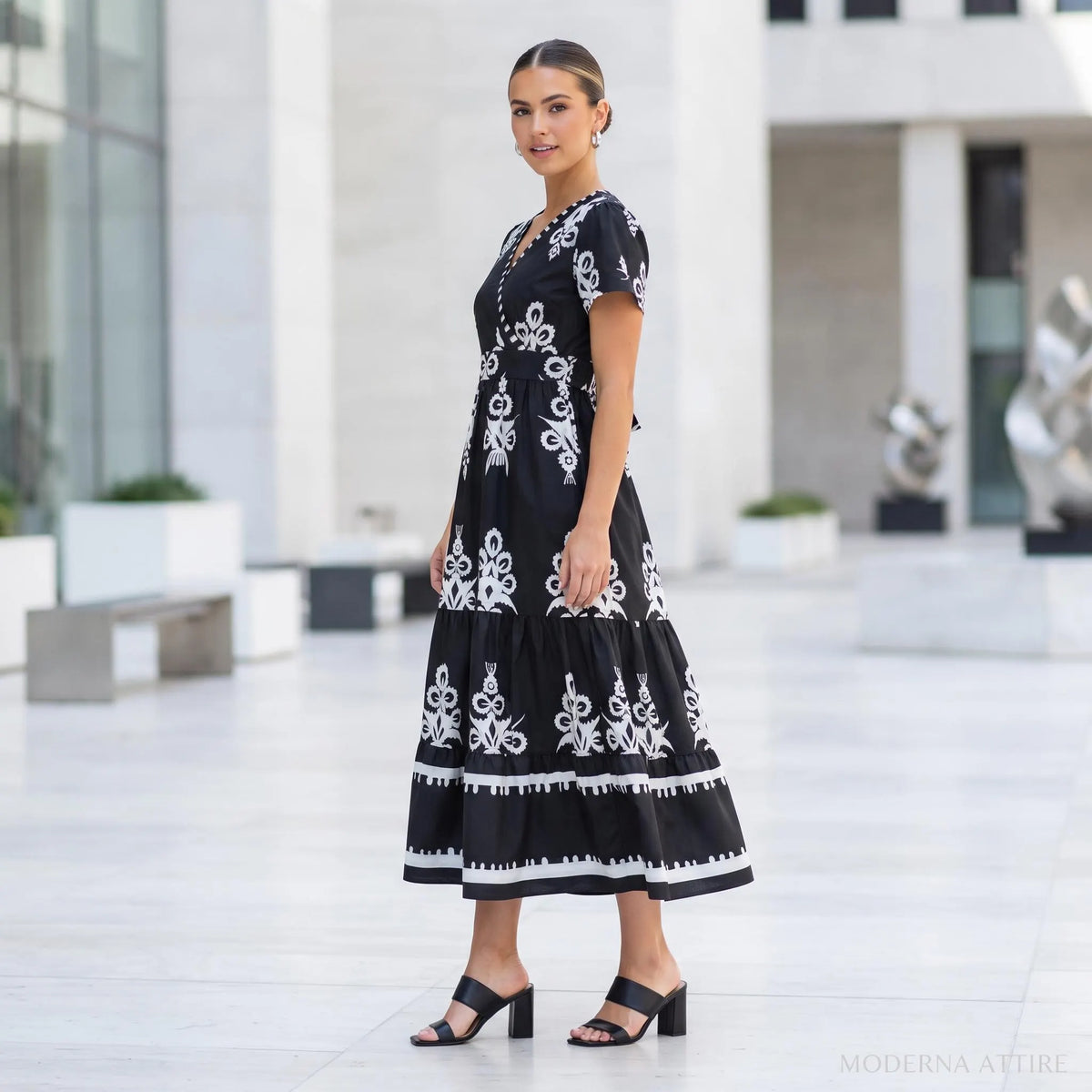 Black White Floral Maxi Dress, Boho V Neck Wrap Tiered Dress