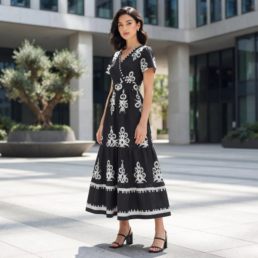 Black White Floral Maxi Dress, Boho V Neck Wrap Tiered Dress