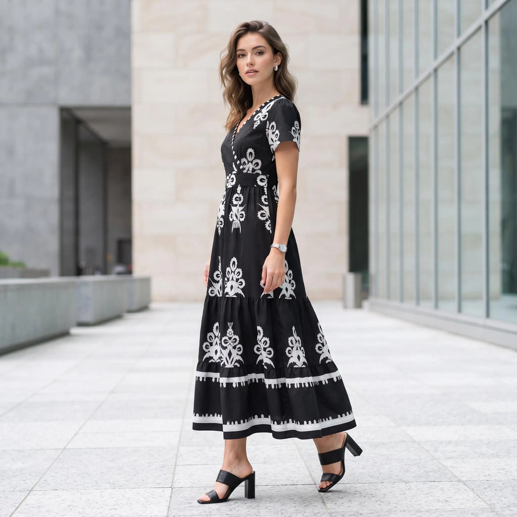 Black White Floral Maxi Dress, Boho V Neck Wrap Tiered Dress