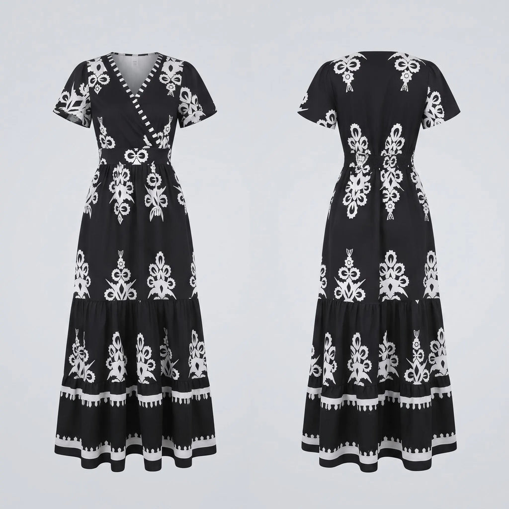 Black White Floral Maxi Dress, Boho V Neck Wrap Tiered Dress