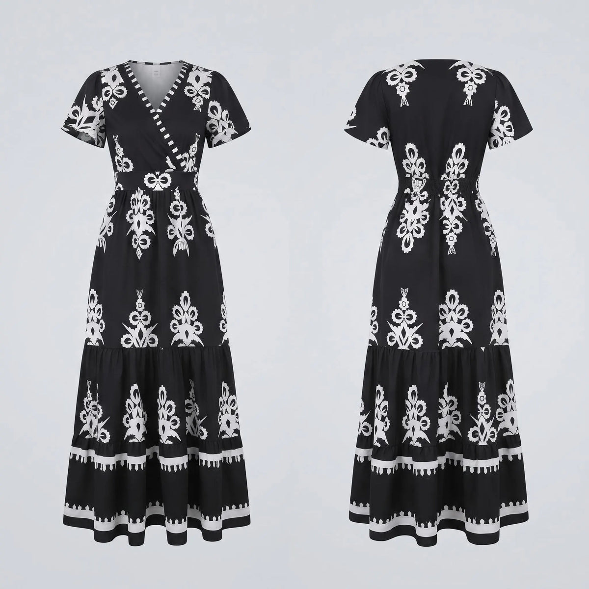 Black White Floral Maxi Dress, Boho V Neck Wrap Tiered Dress