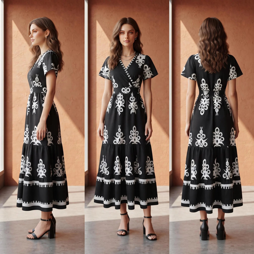 Black White Floral Maxi Dress, Boho V Neck Wrap Tiered Dress