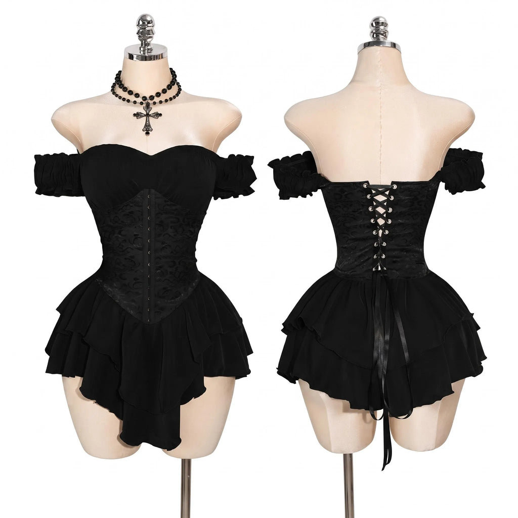 Black Jacquard Corset Mini Dress, Off Shoulder Gothic Party Style