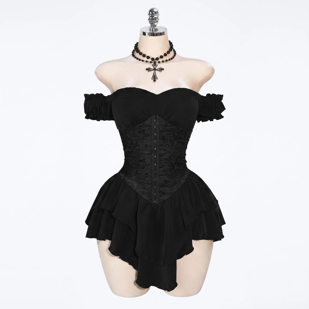 Black Jacquard Corset Mini Dress, Off Shoulder Gothic Party Style