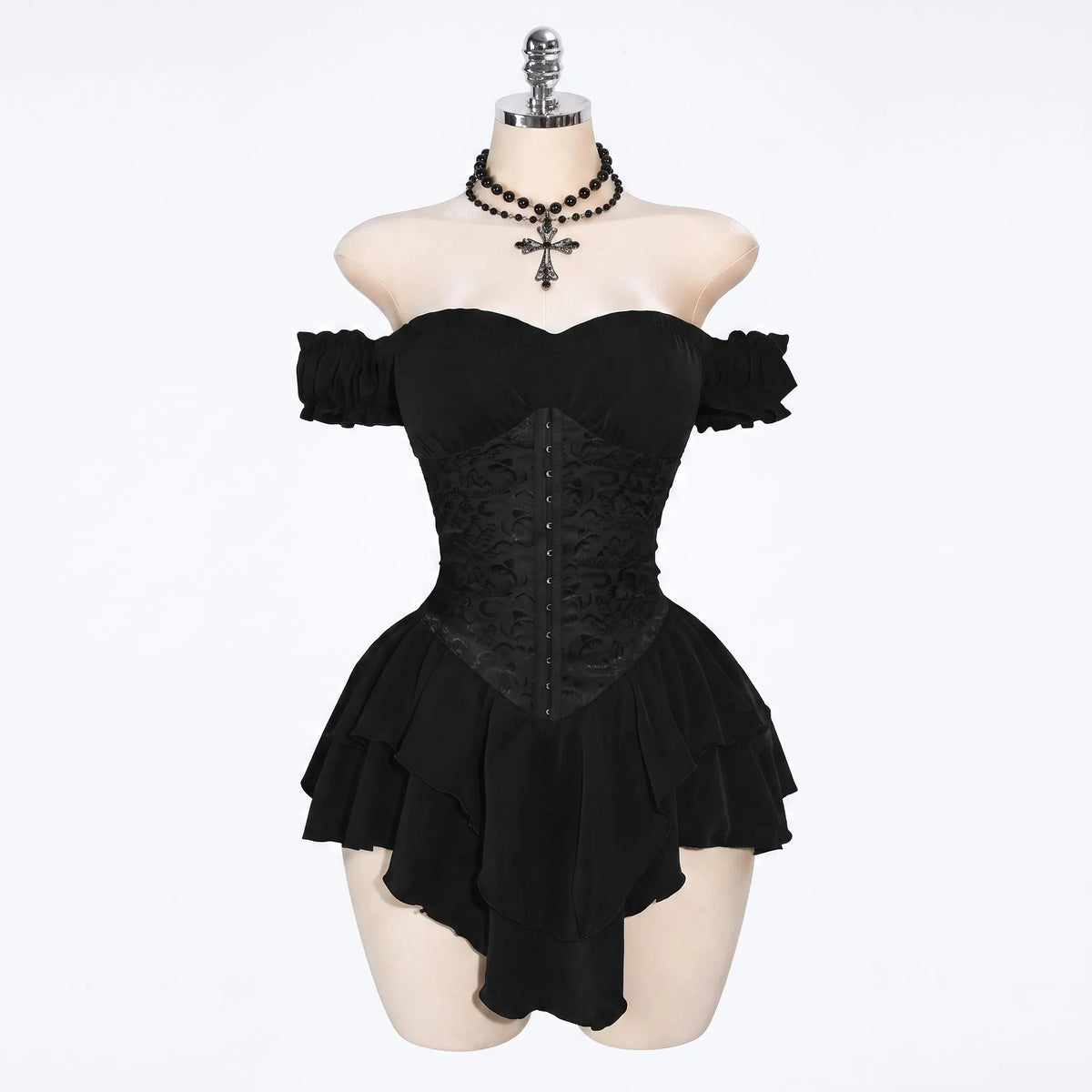 Black Jacquard Corset Mini Dress, Off Shoulder Gothic Party Style