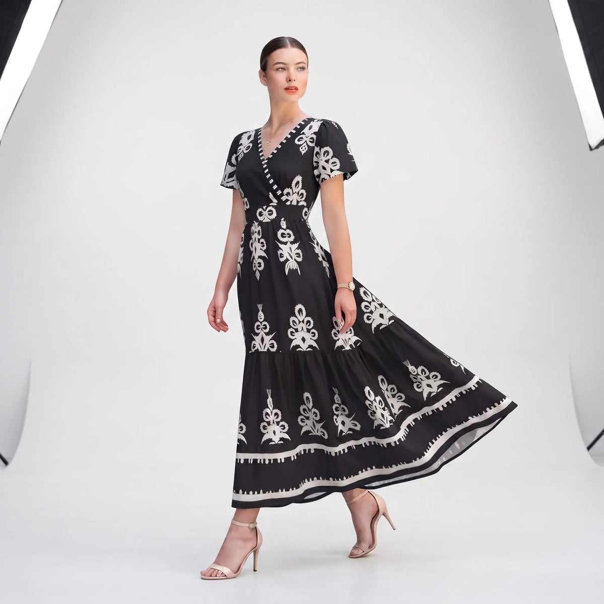 Black White Floral Maxi Dress, Boho V Neck Wrap Tiered Dress