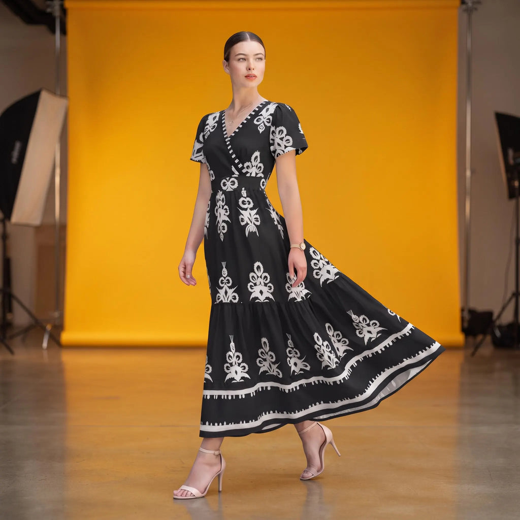 Black White Floral Maxi Dress, Boho V Neck Wrap Tiered Dress