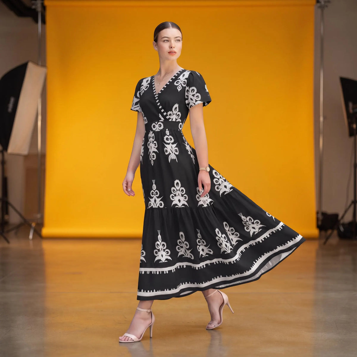 Black White Floral Maxi Dress, Boho V Neck Wrap Tiered Dress