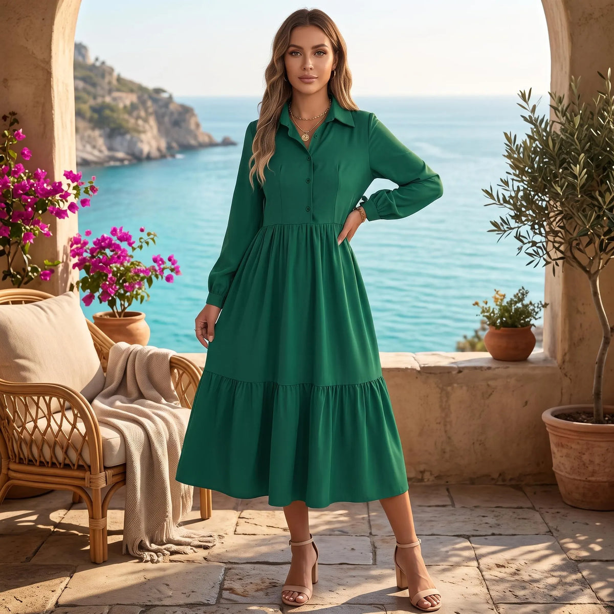 A woman stands on a sunlit stone terrace wearing a long-sleeve green midi shirt dress with a tiered skirt. The background shows a coastal ocean scene with potted plants, a wicker chair with a cream throw, and warm architectural framing.