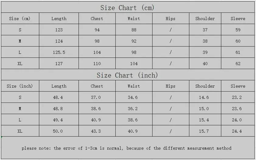 A size chart table showing measurements in centimeters and inches for sizes S, M, L, and XL, with columns for Length, Chest, Waist, Hips, Shoulder, and Sleeve.