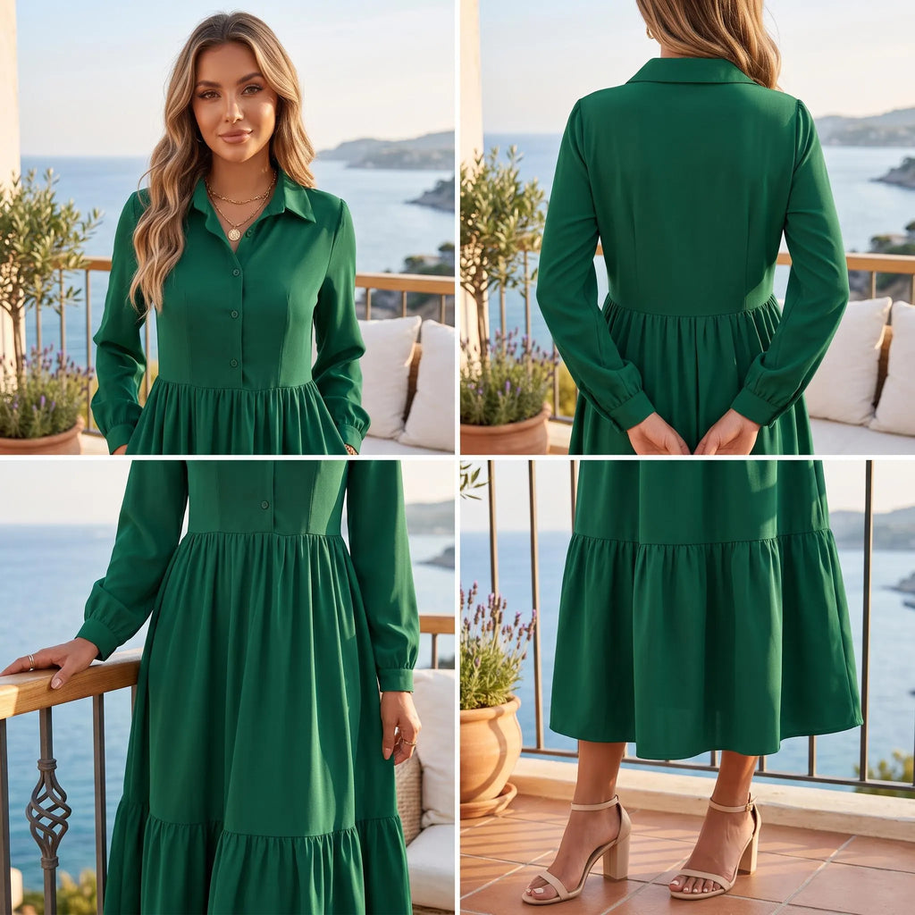 A woman modeling a long-sleeve green tiered dress in a coastal setting, shown in four panels: front-facing portrait, back view, close-up of the bodice, and lower dress view with heels visible.