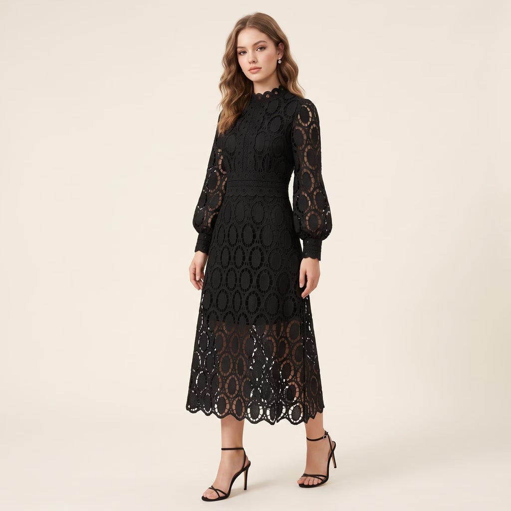 Black Lace Patchwork Midi Dress, High Neck Scalloped Hem, Formal Party Wear