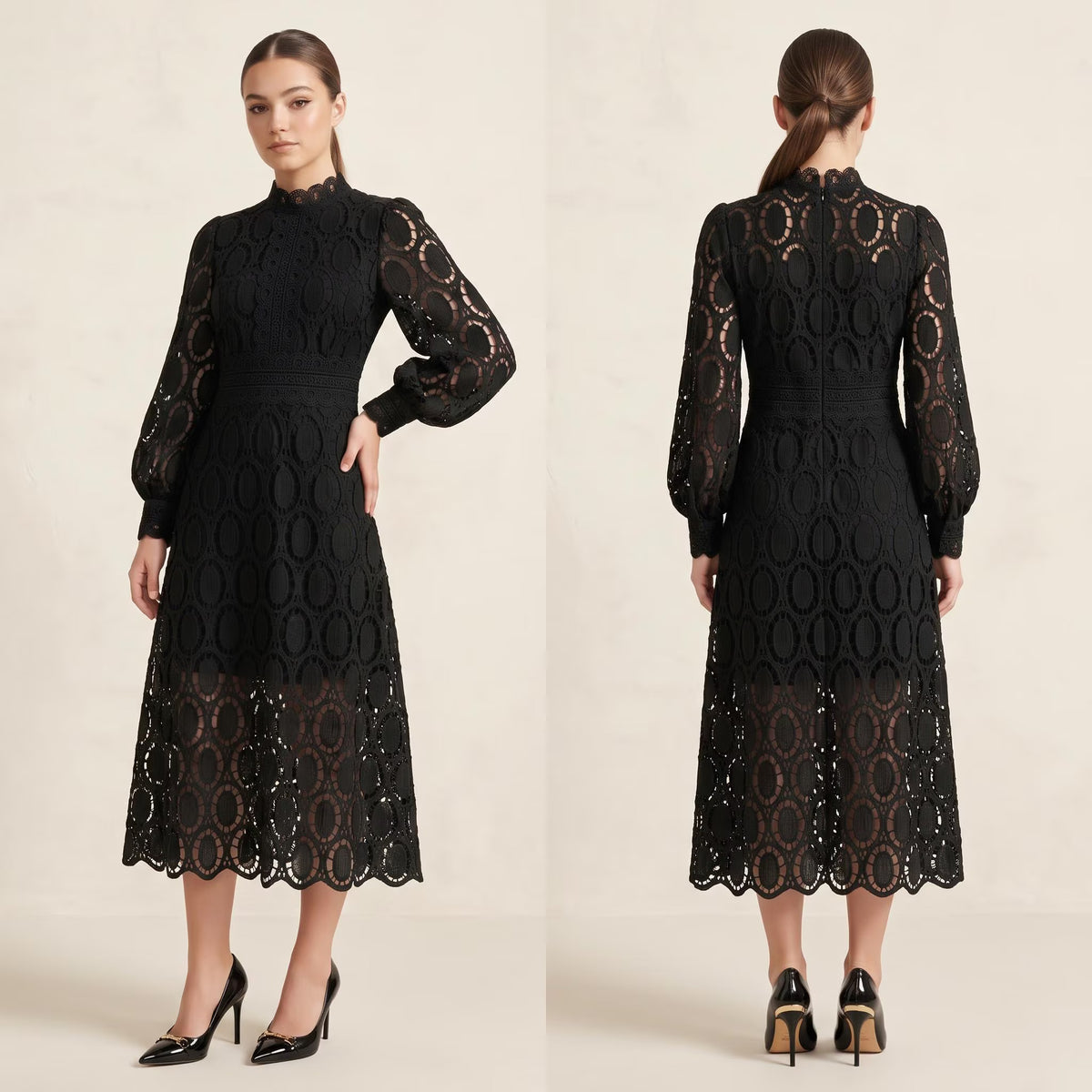 Black Lace Patchwork Midi Dress, High Neck Scalloped Hem, Formal Party Wear