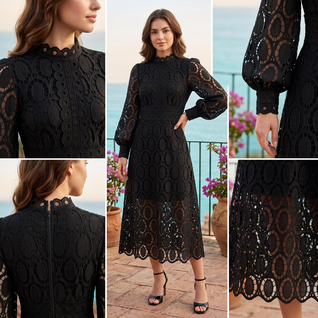 Black Lace Patchwork Midi Dress, High Neck Scalloped Hem, Formal Party Wear