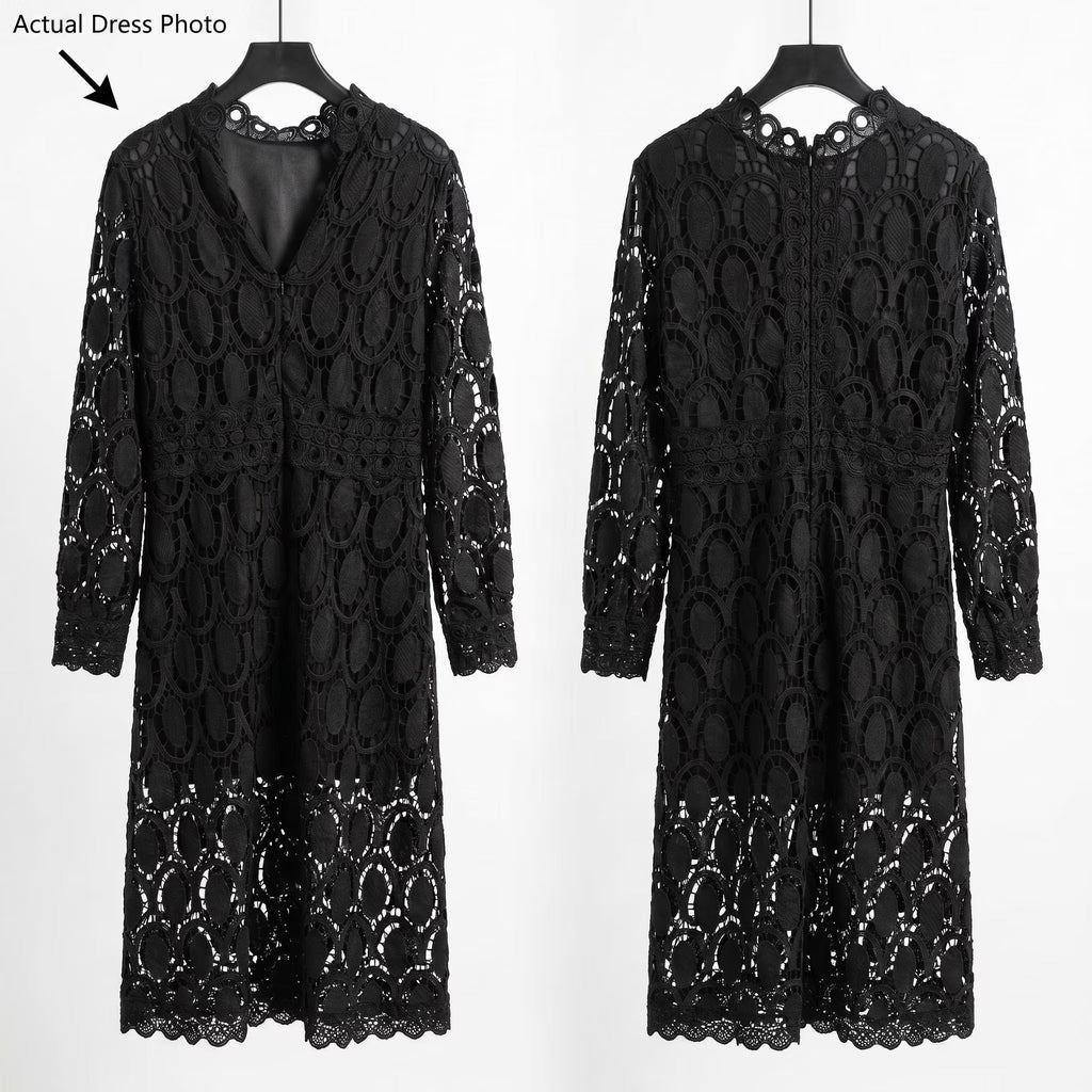 Black Lace Patchwork Midi Dress, High Neck Scalloped Hem, Formal Party Wear