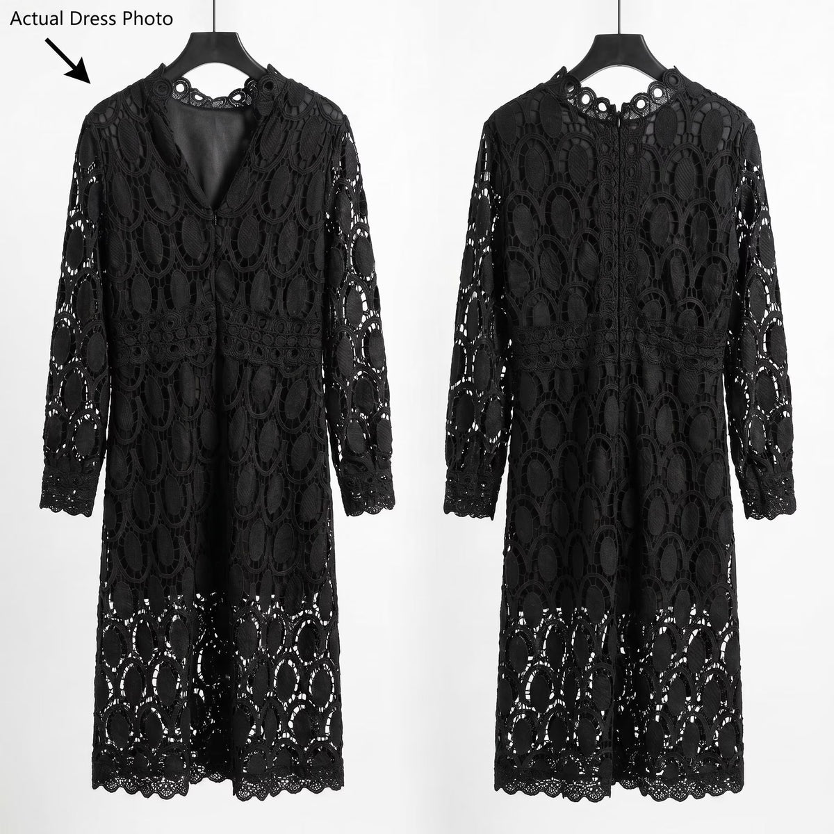 Black Lace Patchwork Midi Dress, High Neck Scalloped Hem, Formal Party Wear