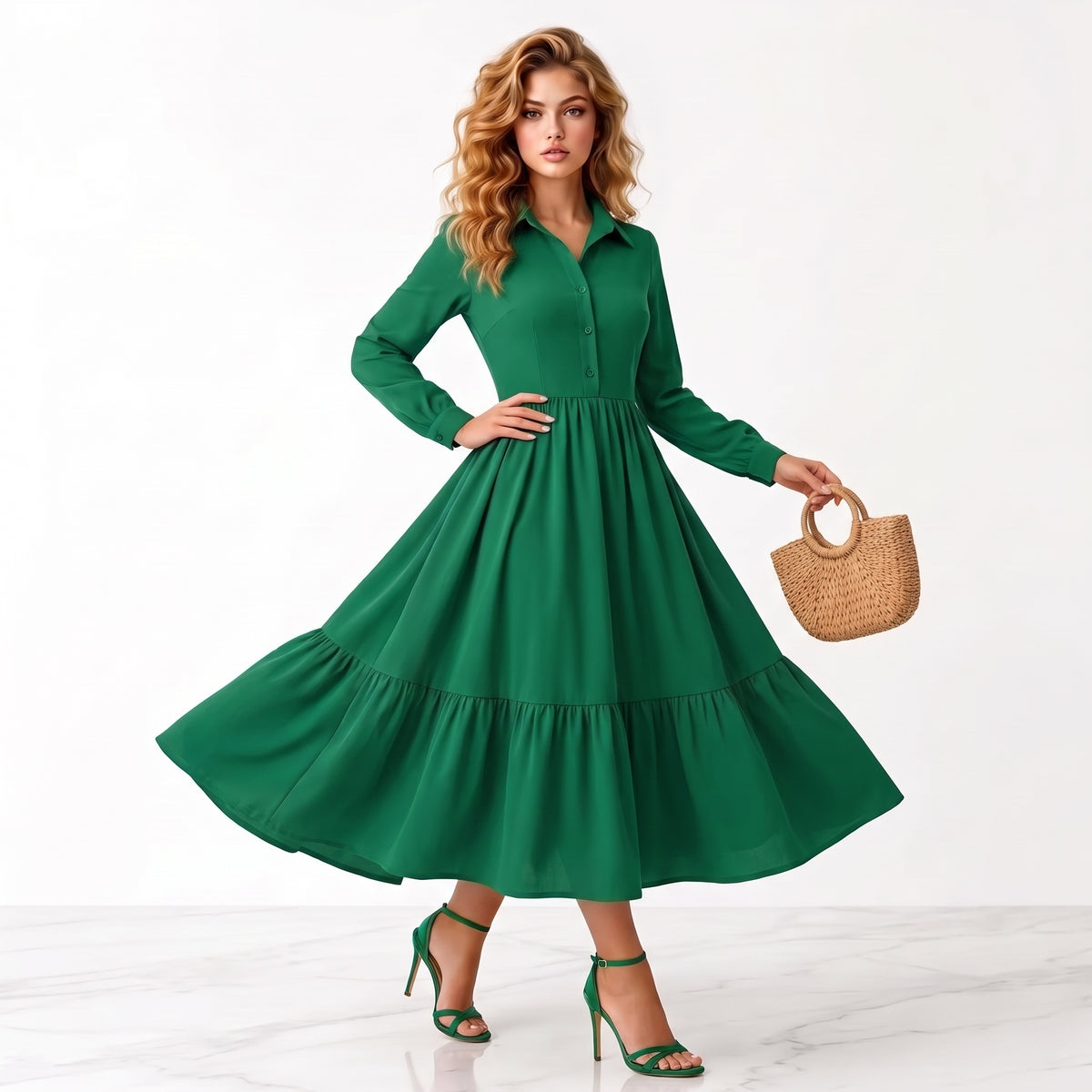 A woman models a long-sleeve green midi dress with a tiered skirt, holding a small woven straw handbag. She is wearing green high-heeled sandals against a clean white studio background.