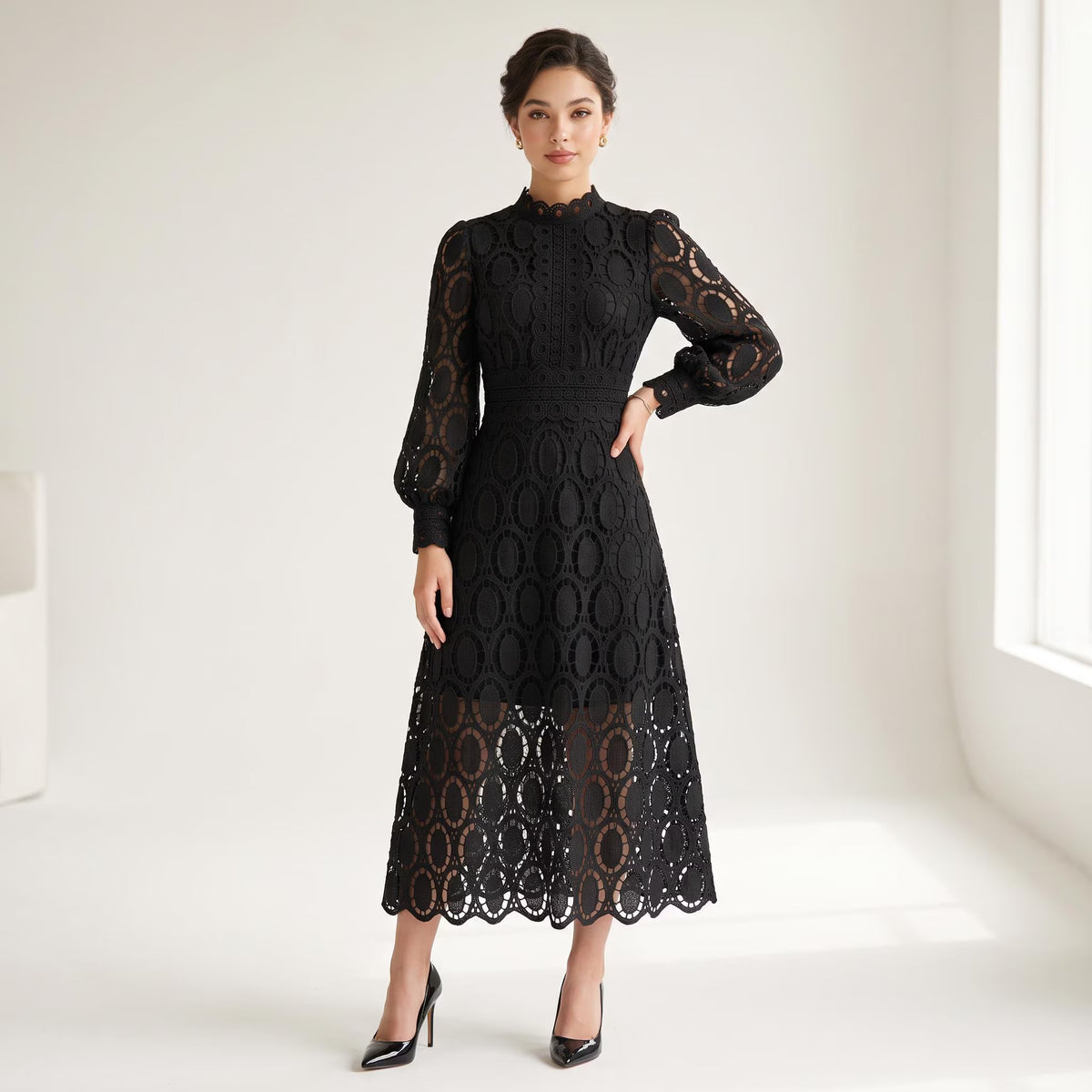 Black Lace Patchwork Midi Dress, High Neck Scalloped Hem, Formal Party Wear