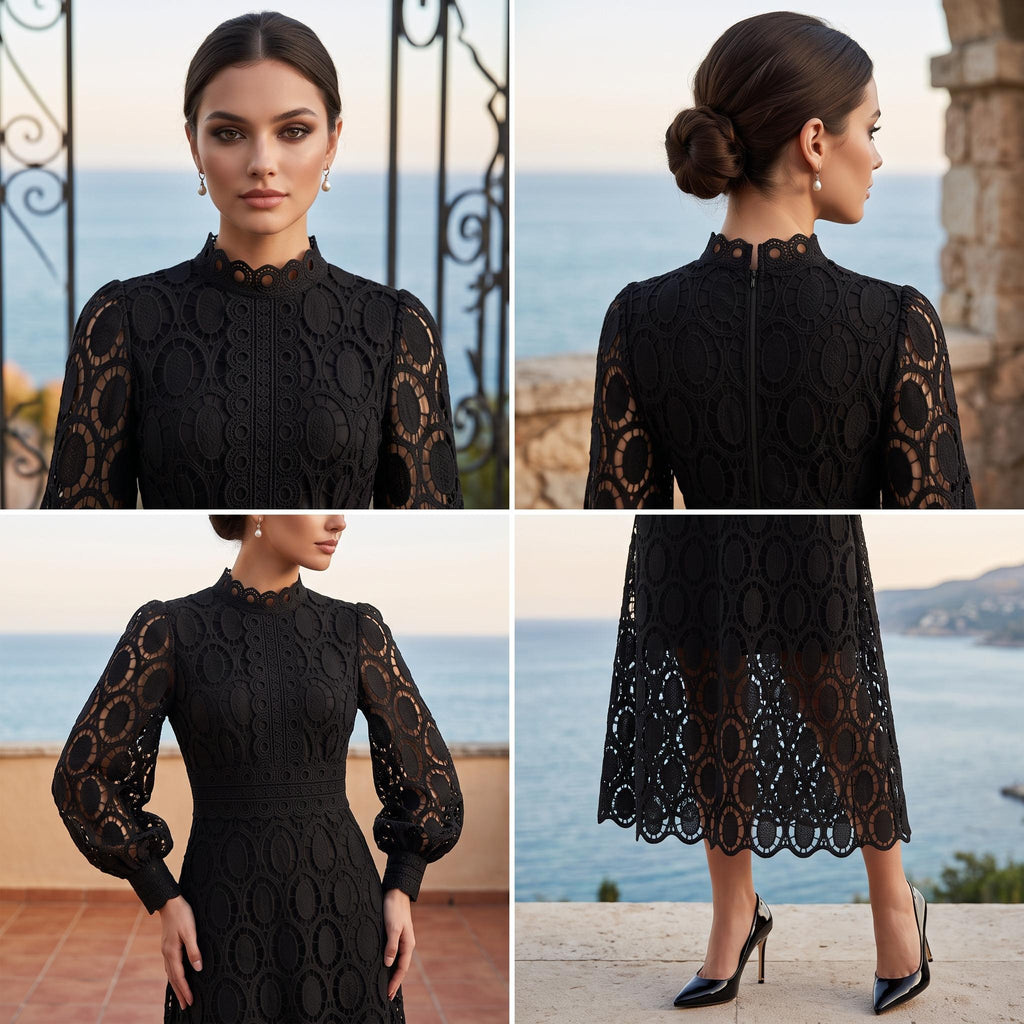 Black Lace Patchwork Midi Dress, High Neck Scalloped Hem, Formal Party Wear
