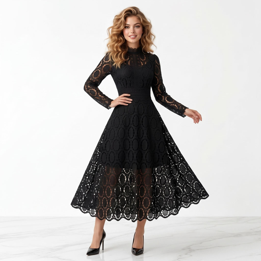 Black Lace Patchwork Midi Dress, High Neck Scalloped Hem, Formal Party Wear