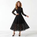 Black Lace Patchwork Midi Dress, High Neck Scalloped Hem, Formal Party Wear