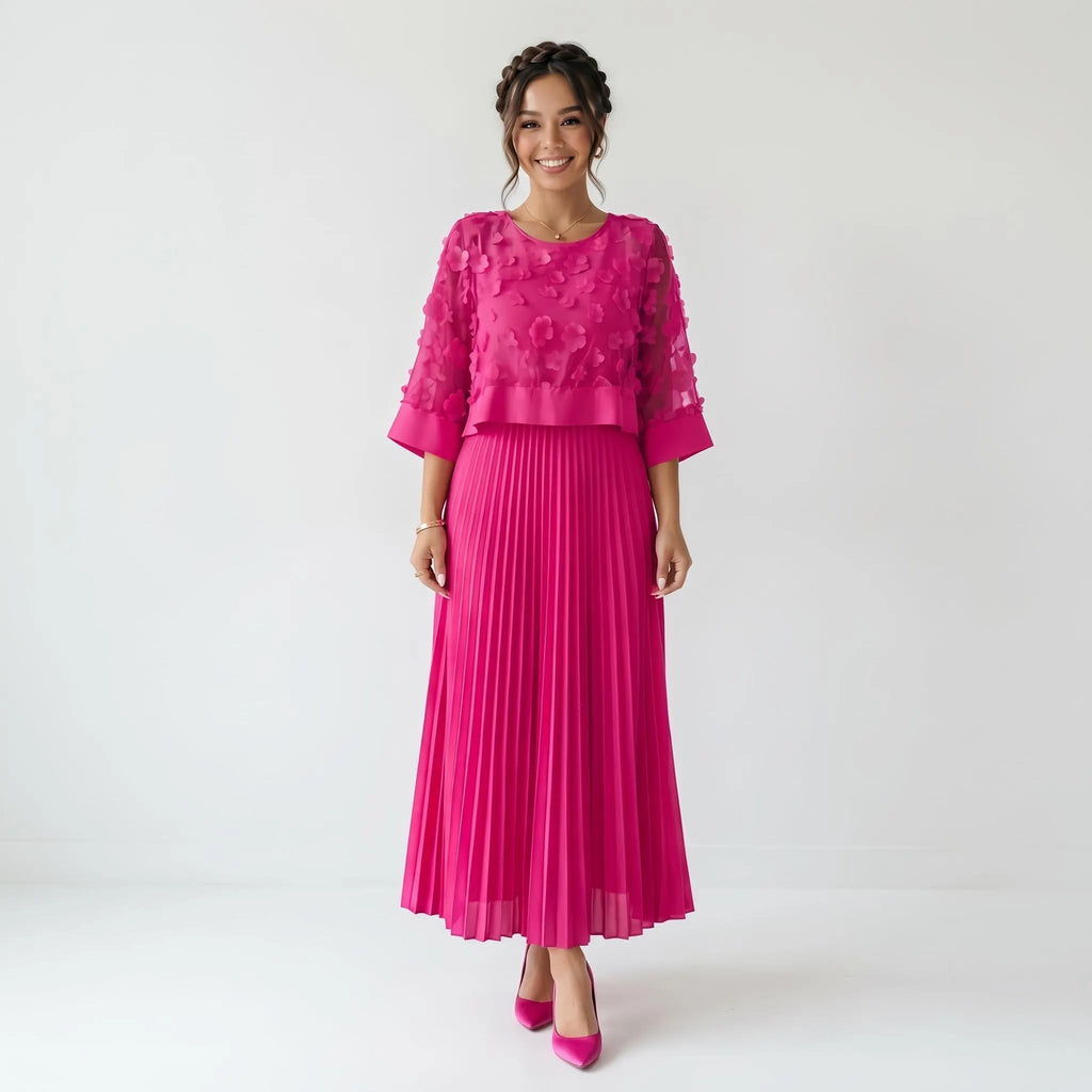 Pink Pleated Maxi Dress, Floral Applique Mesh Dress, A Line Long Sleeve Dress