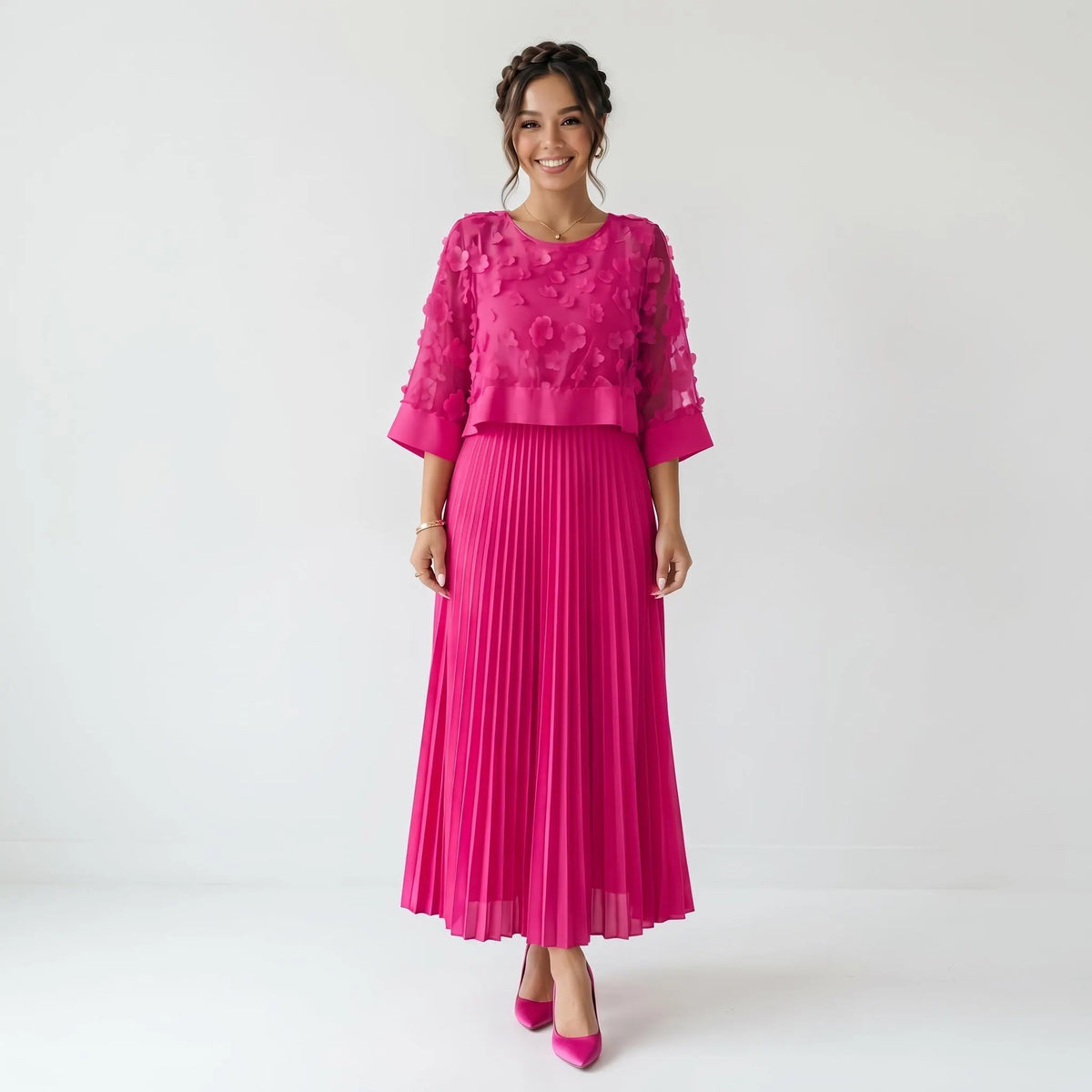 Pink Pleated Maxi Dress, Floral Applique Mesh Dress, A Line Long Sleeve Dress