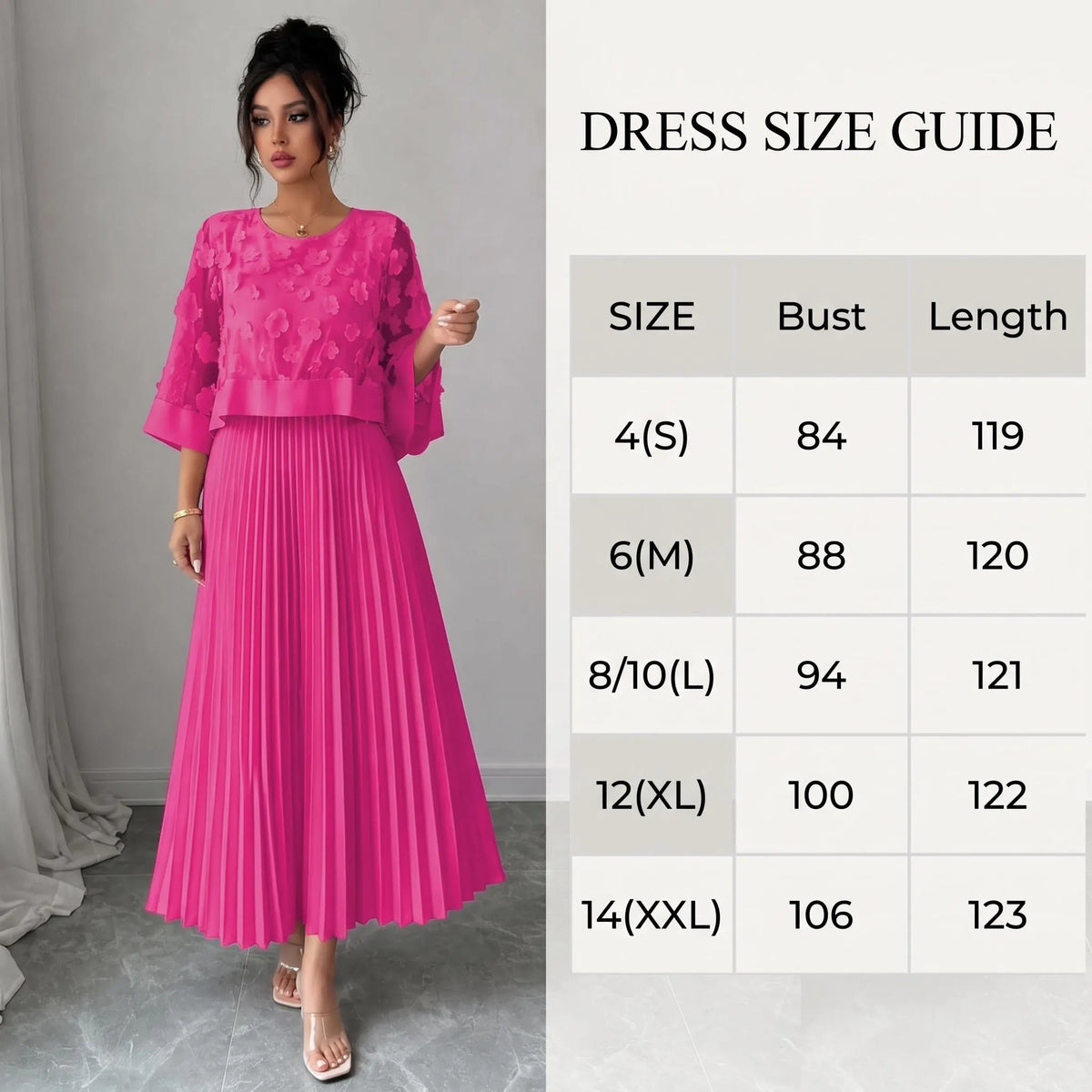 Pink Pleated Maxi Dress, Floral Applique Mesh Dress, A Line Long Sleeve Dress