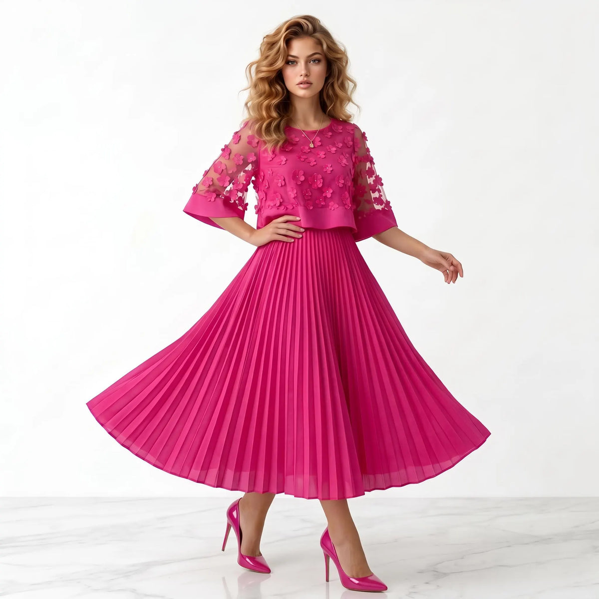 Pink Pleated Maxi Dress, Floral Applique Mesh Dress, A Line Long Sleeve Dress