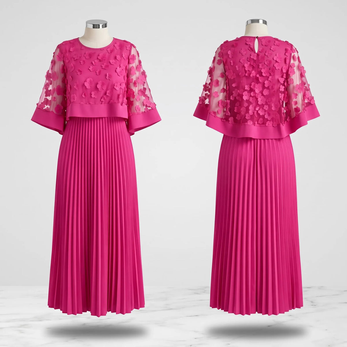 Pink Pleated Maxi Dress, Floral Applique Mesh Dress, A Line Long Sleeve Dress