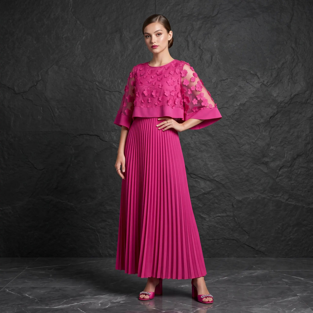 Pink Pleated Maxi Dress, Floral Applique Mesh Dress, A Line Long Sleeve Dress