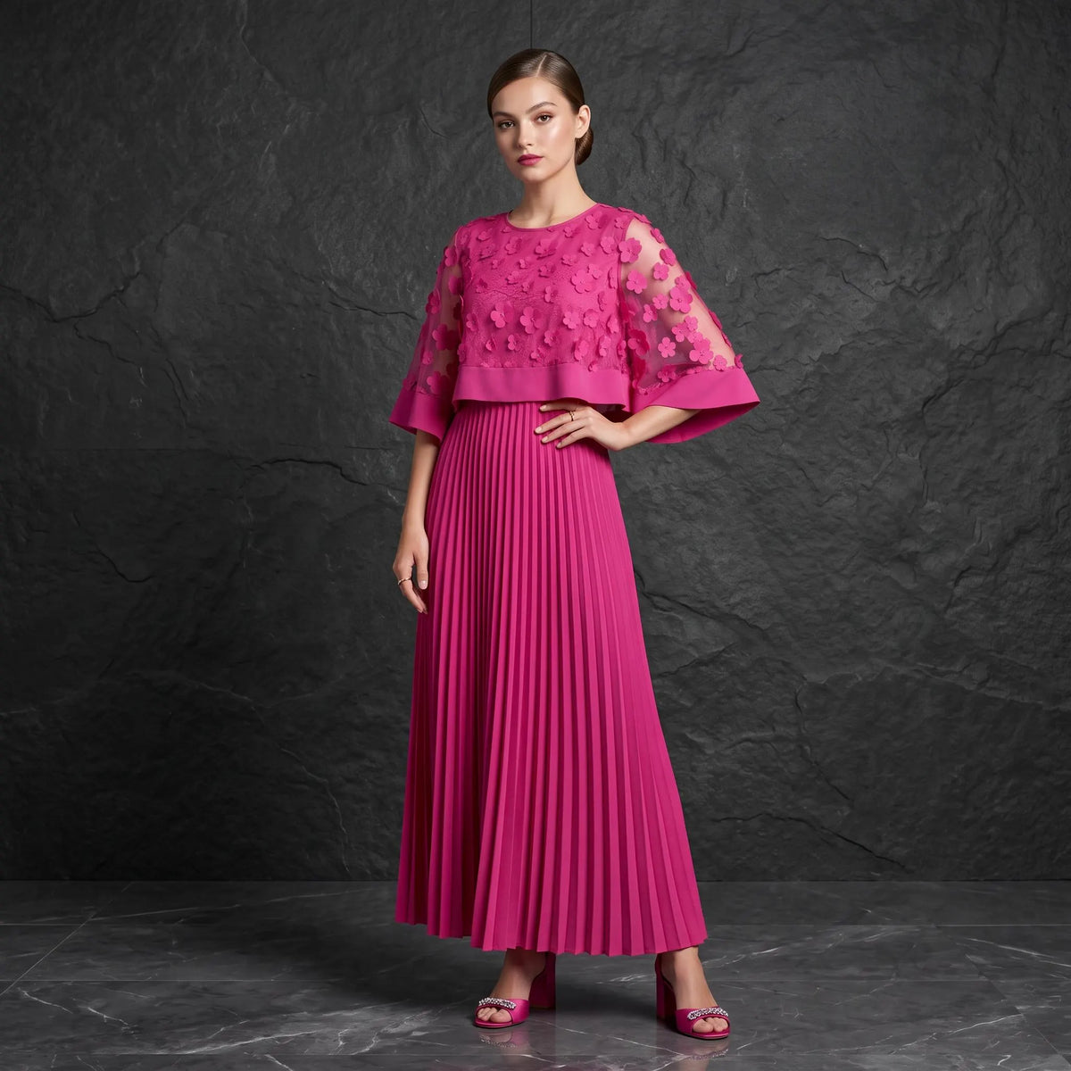 Pink Pleated Maxi Dress, Floral Applique Mesh Dress, A Line Long Sleeve Dress