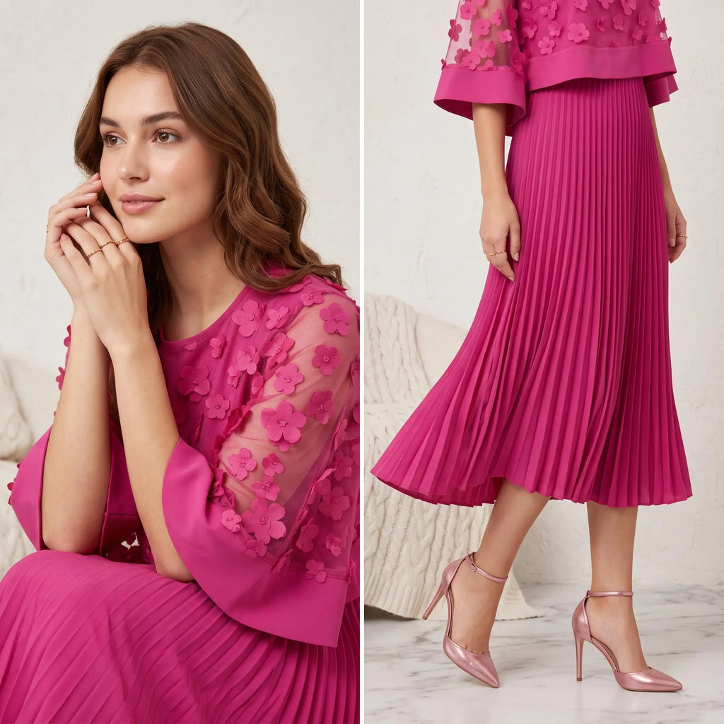 Pink Pleated Maxi Dress, Floral Applique Mesh Dress, A Line Long Sleeve Dress