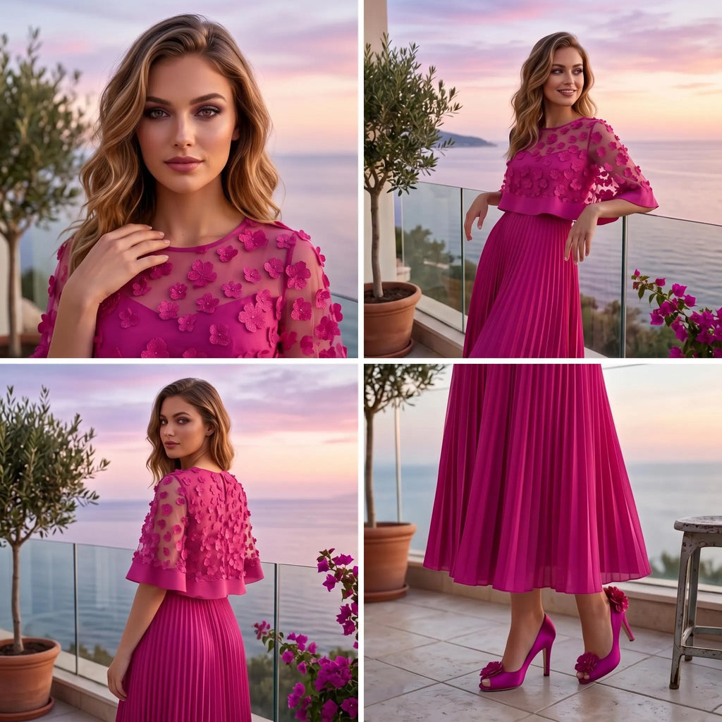 Pink Pleated Maxi Dress, Floral Applique Mesh Dress, A Line Long Sleeve Dress