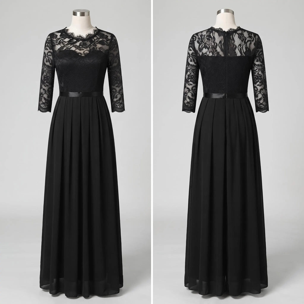 Elegant Black Lace Chiffon Maxi Dress, Long Sleeve Formal Evening Gown, A-Line Pleated Wedding Guest Dress