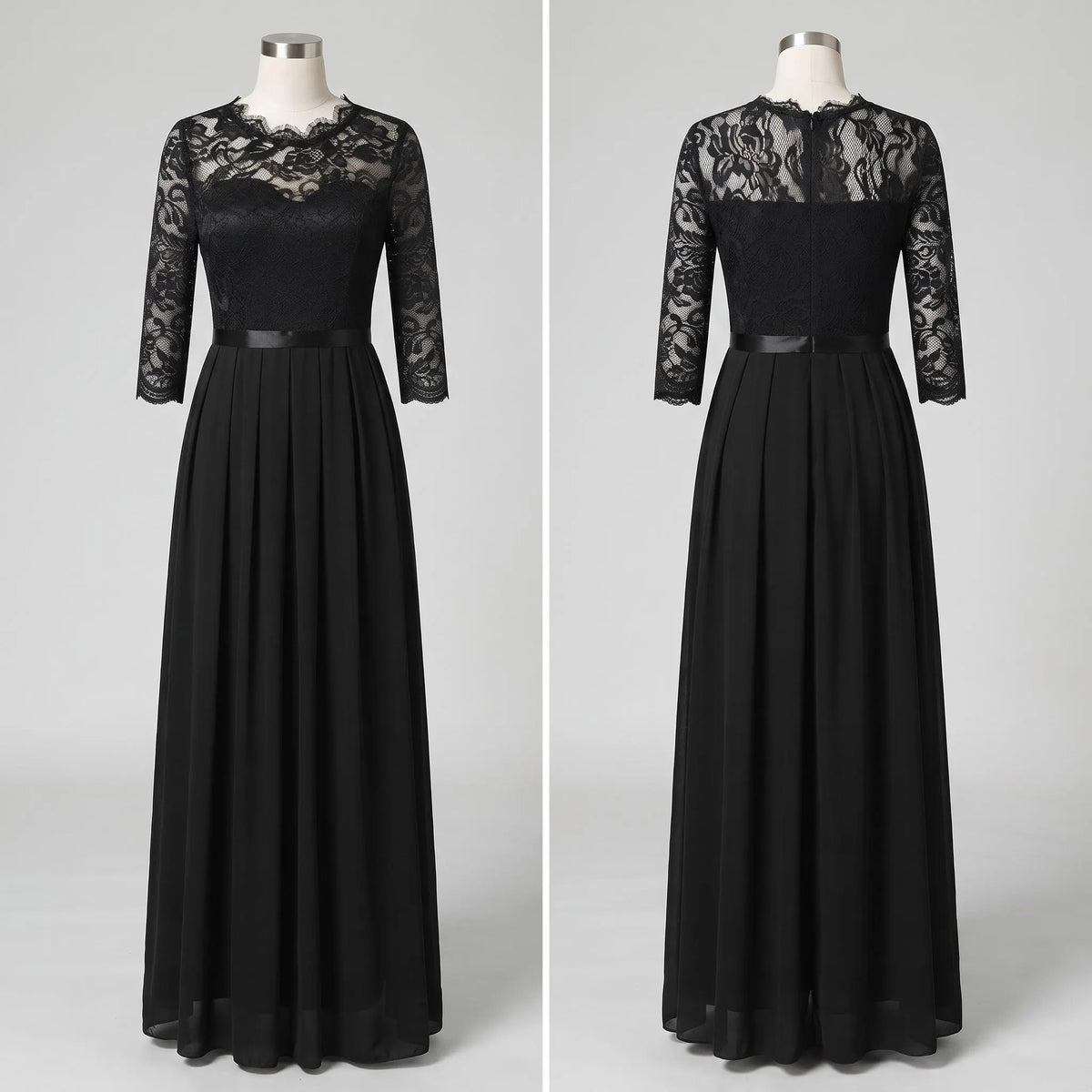 Elegant Black Lace Chiffon Maxi Dress, Long Sleeve Formal Evening Gown, A-Line Pleated Wedding Guest Dress