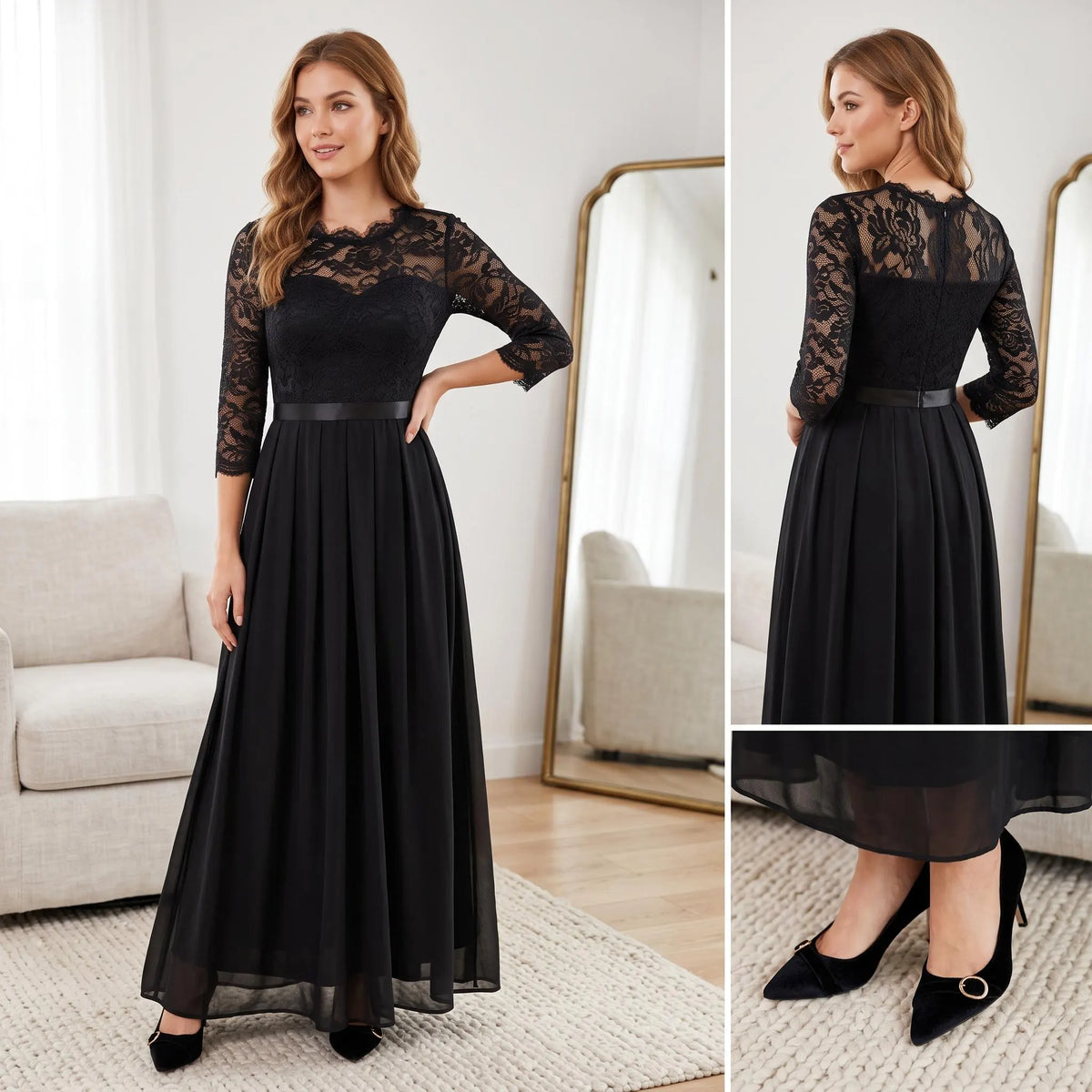 Elegant Black Lace Chiffon Maxi Dress, Long Sleeve Formal Evening Gown, A-Line Pleated Wedding Guest Dress