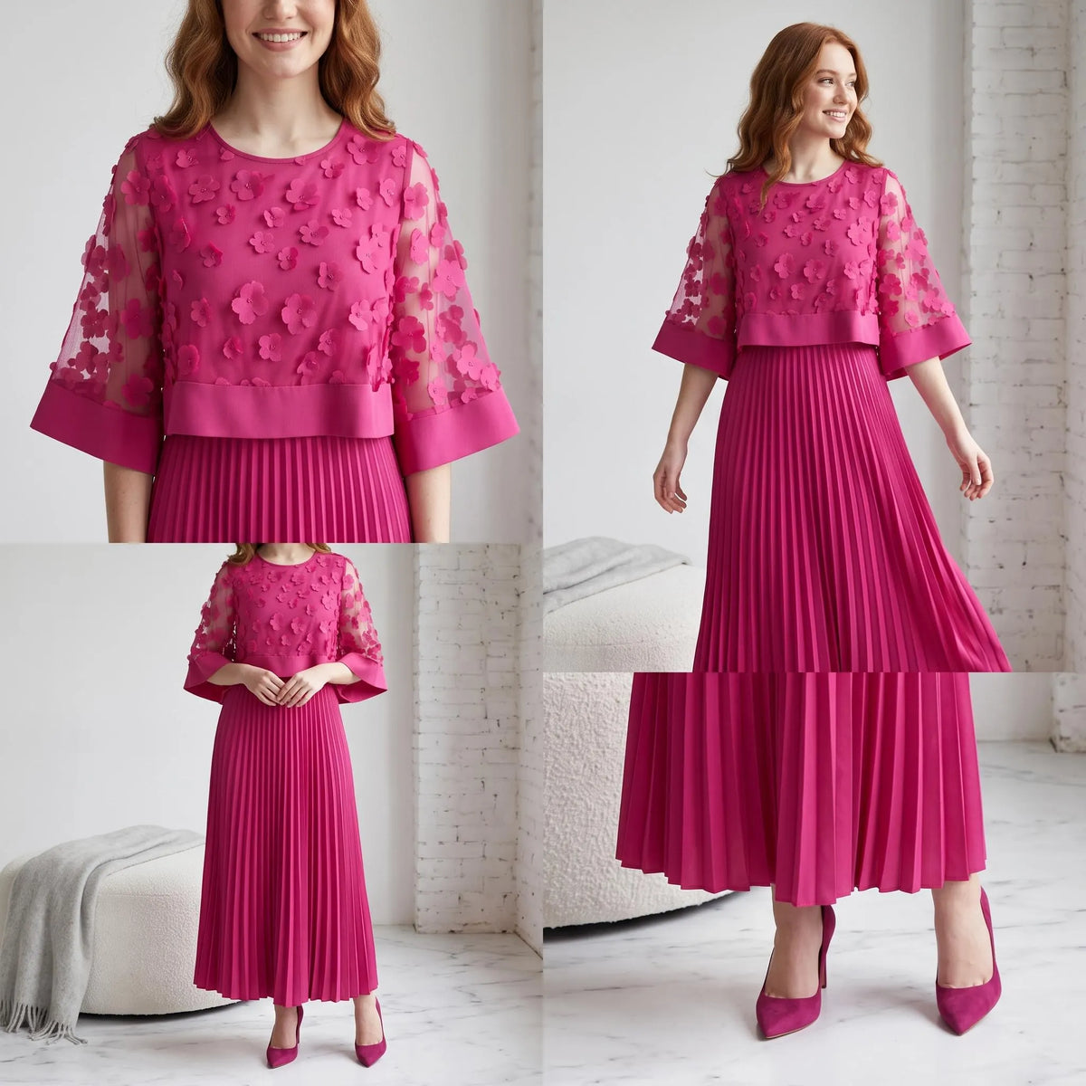 Pink Pleated Maxi Dress, Floral Applique Mesh Dress, A Line Long Sleeve Dress