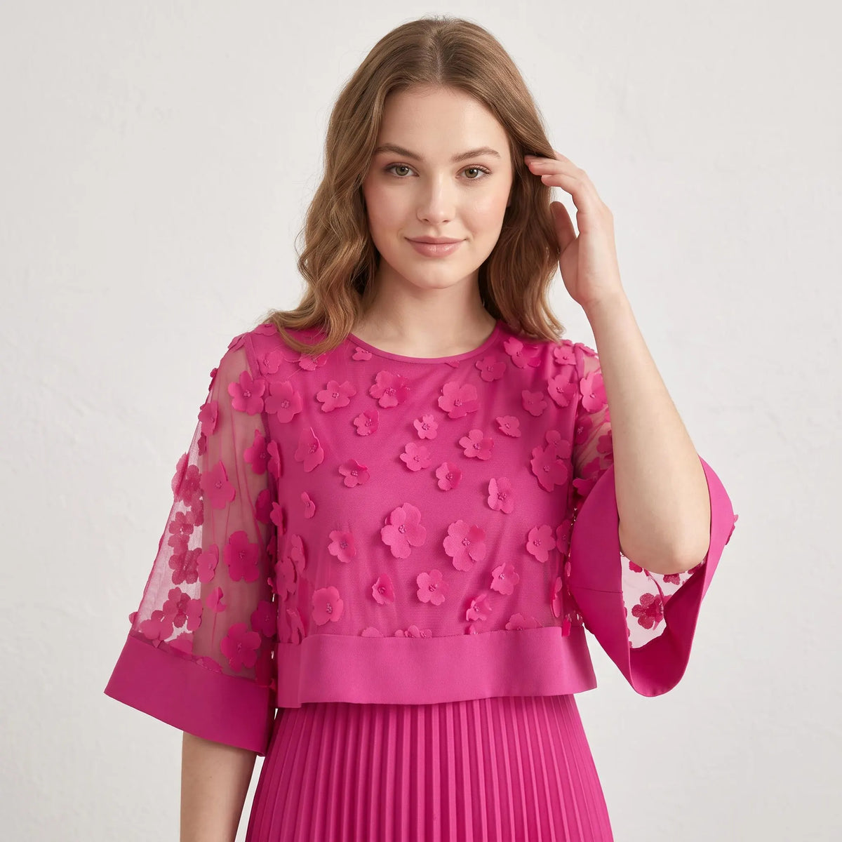 Pink Pleated Maxi Dress, Floral Applique Mesh Dress, A Line Long Sleeve Dress