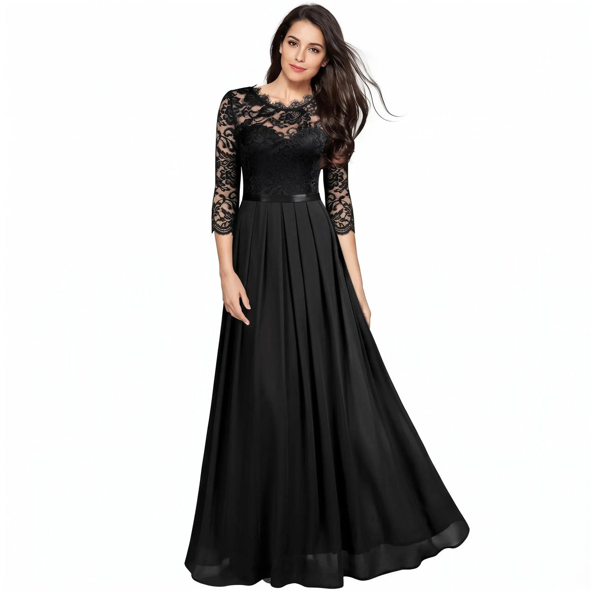 Elegant Black Lace Chiffon Maxi Dress, Long Sleeve Formal Evening Gown, A-Line Pleated Wedding Guest Dress