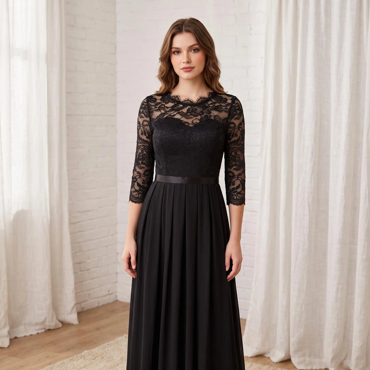 Elegant Black Lace Chiffon Maxi Dress, Long Sleeve Formal Evening Gown, A-Line Pleated Wedding Guest Dress