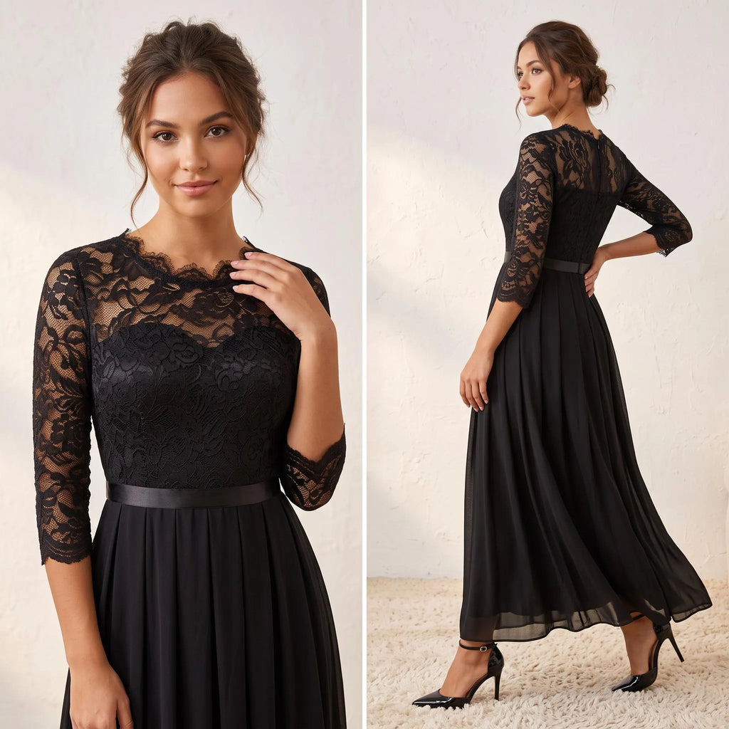 Elegant Black Lace Chiffon Maxi Dress, Long Sleeve Formal Evening Gown, A-Line Pleated Wedding Guest Dress