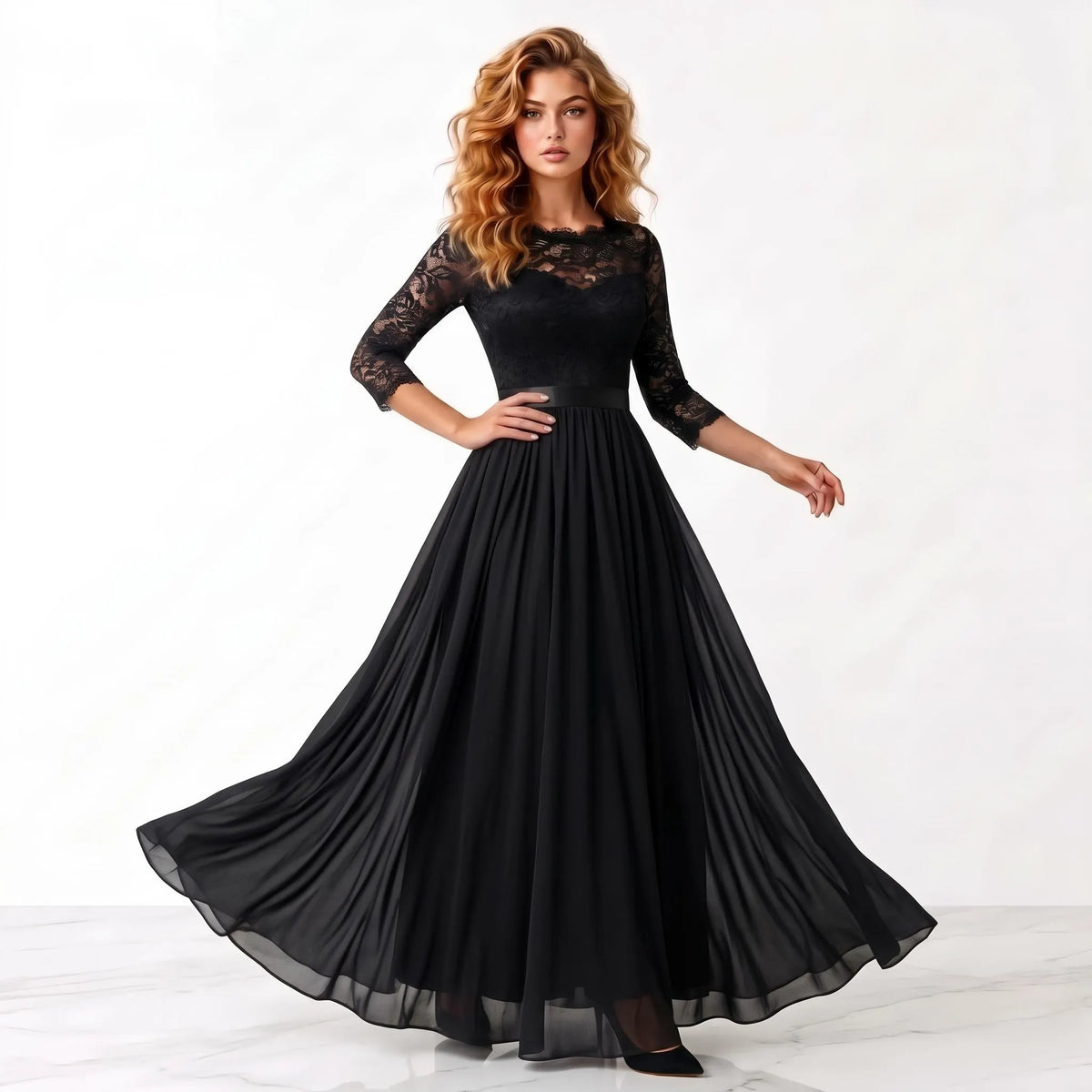 Elegant Black Lace Chiffon Maxi Dress, Long Sleeve Formal Evening Gown, A-Line Pleated Wedding Guest Dress